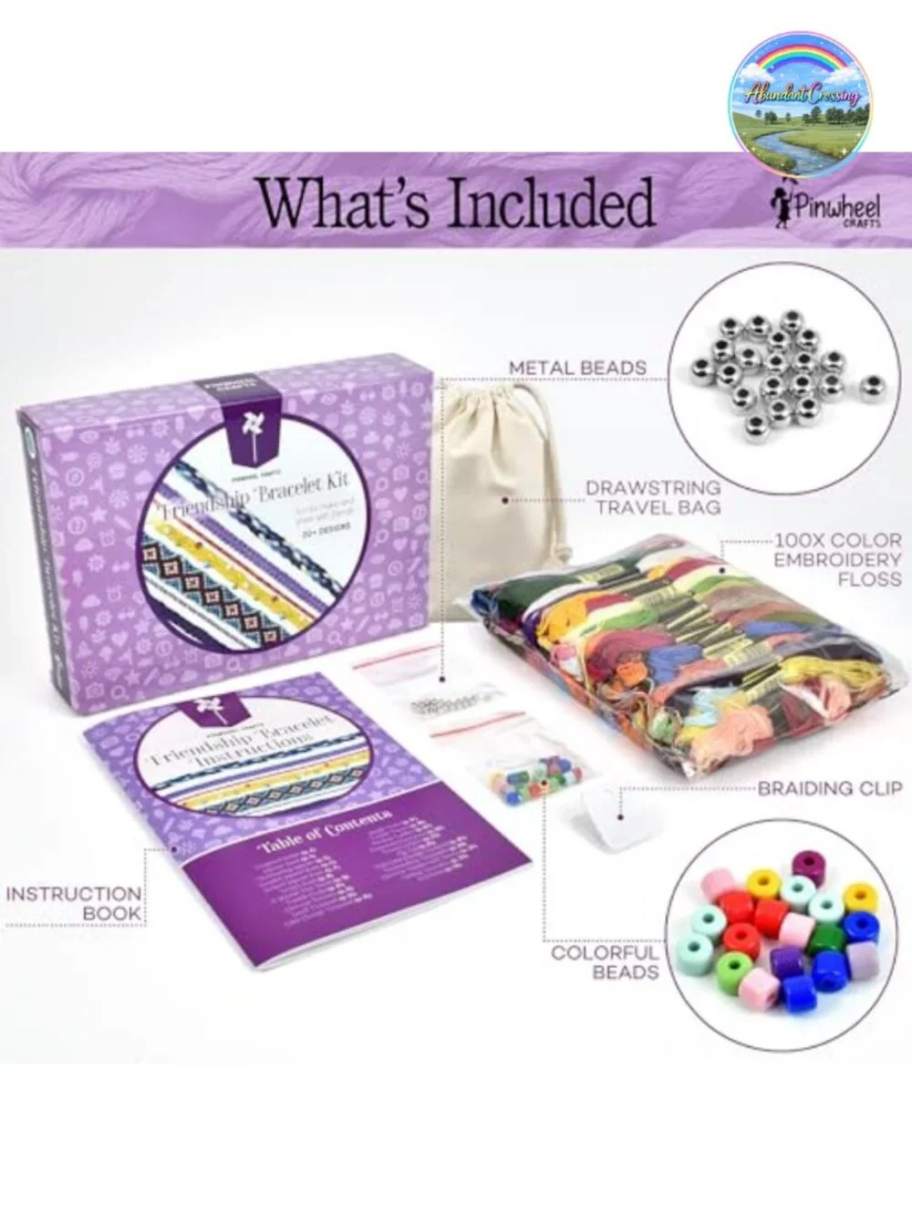 Friendship Bracelet Kit with 100 Floss Threads, Metal Beads & Storage Bag